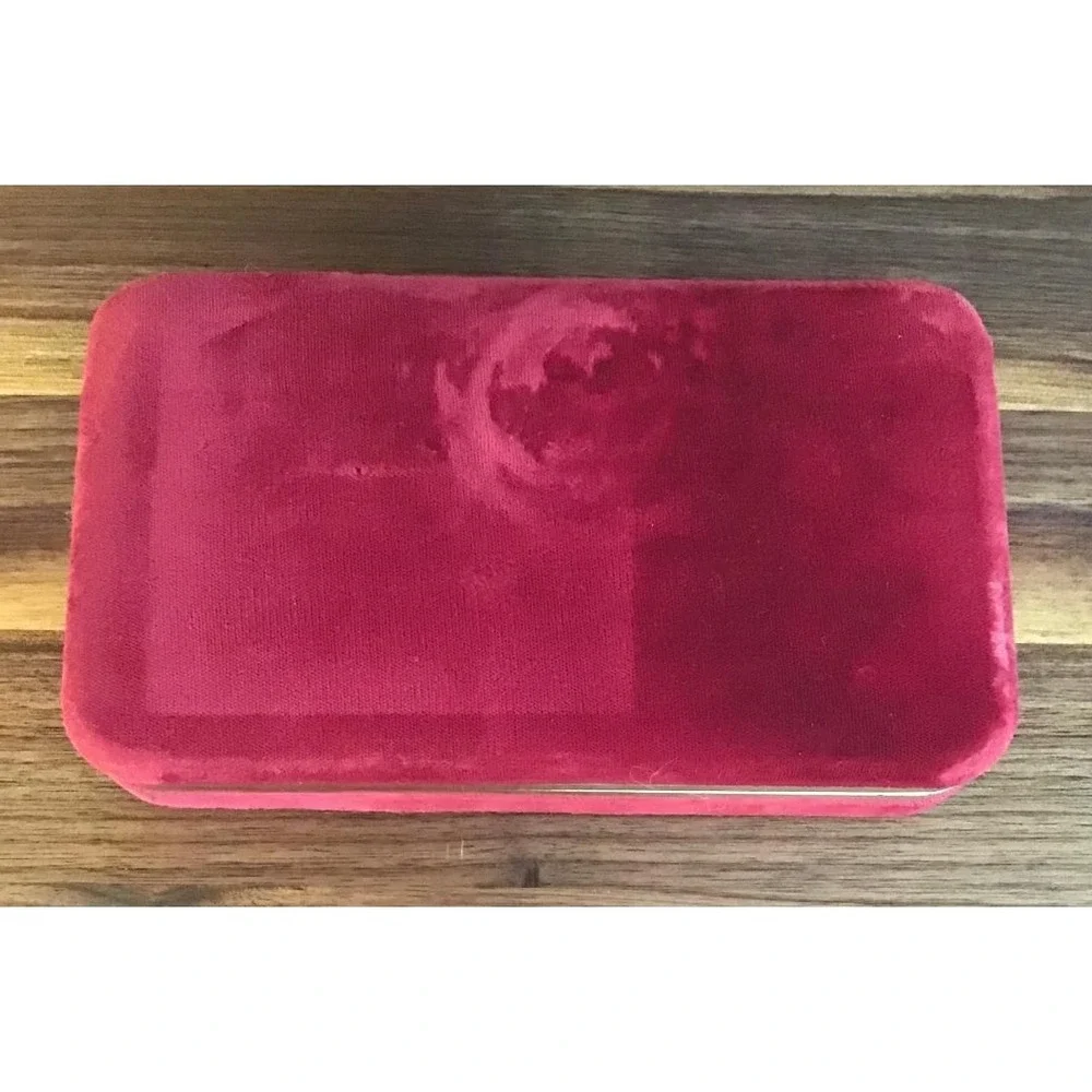 VTG Red Velvet Clamshell Jewelry Travel Case Gold Compact Mirror Retro 70's Box
